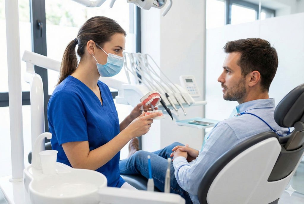 Cliente en una clinica dental con boca seca xerostomia