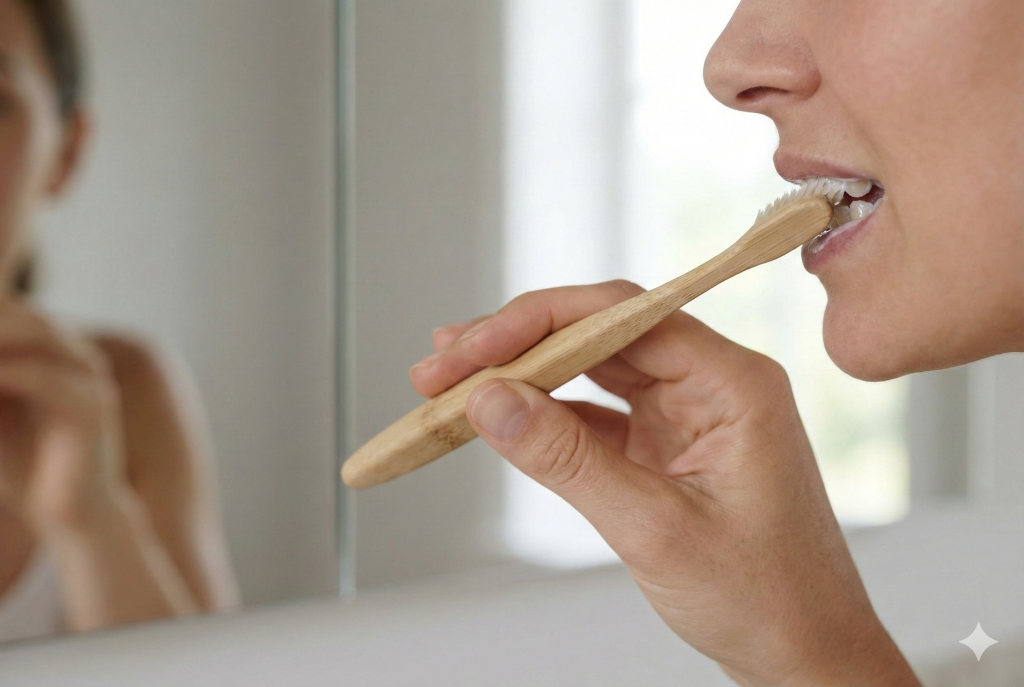 Mujer Cepillando sus dientes para como cuidar la salud bucodental