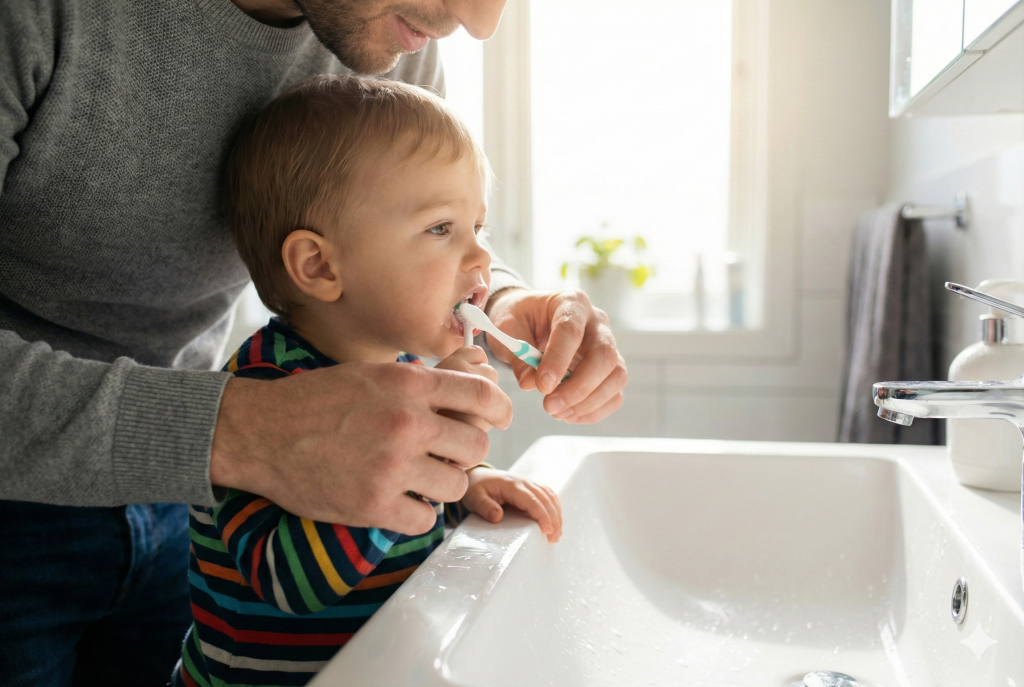 Padre e hijo cepillando Cómo prevenir caries infantil