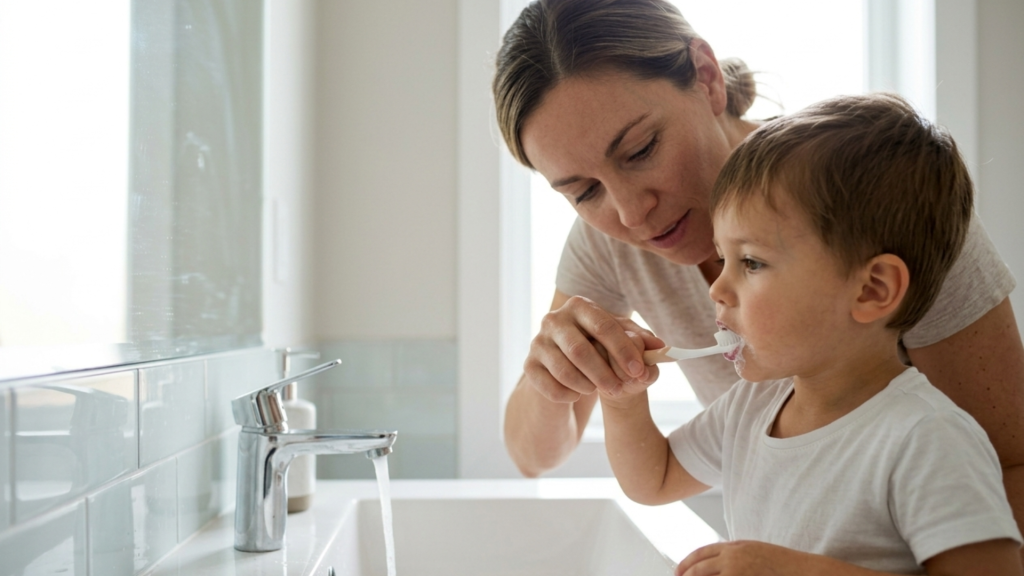 Mama ayudando a limpiar los dientes de leche Natudental Montequinto