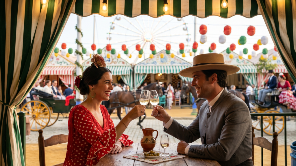 Pareja vestida de Feria con Sonrisa Perfecta Feria De Abril Sevilla Natudental Montequinto