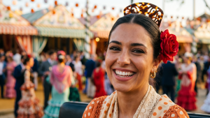 Primer plano de mujer joven vestida de gitana con Sonrisa Perfecta Feria De Abril Sevilla Natudental Montequinto