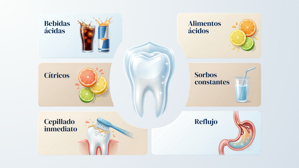 Infografía sobre hábitos que aceleran la erosión dental y el desgaste del esmalte