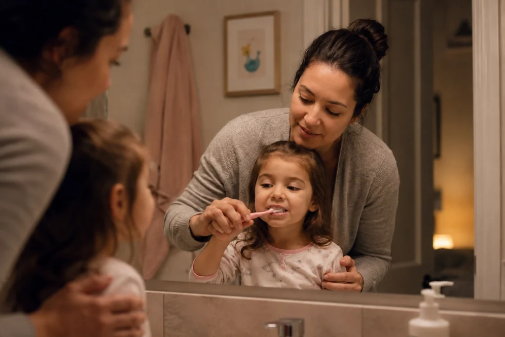 Fotografia de madre con hija lavando dientes con caries en dientes de leche Natudental Villamartin