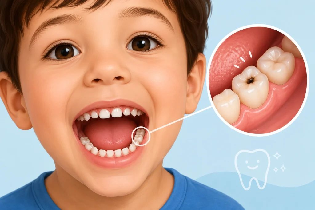 Infografia de niño con caries en dientes de leche Natudental Villamartin