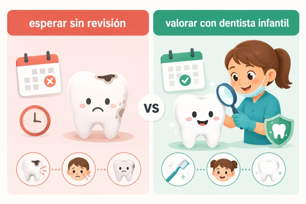 Infografia de visita al dentista con caries en dientes de leche Natudental Villamartin