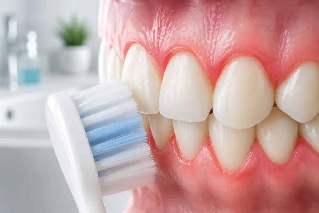 Cepillado de los dientes con encias inflamadas que provocan el sangrado de encías Natudental