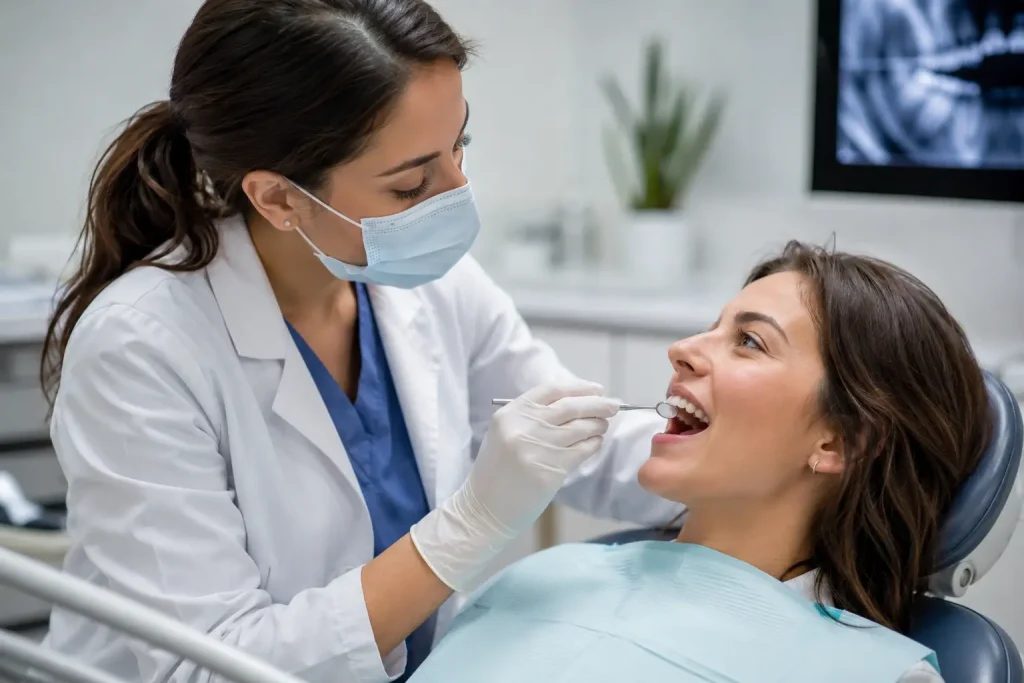 Mujer en el dentista con caries sin dolor Natudental