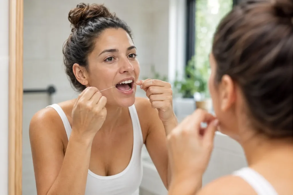 Mujer en el espejo pasando el hilo dental en los dientes para prevenir el sangrado de encías Natudental