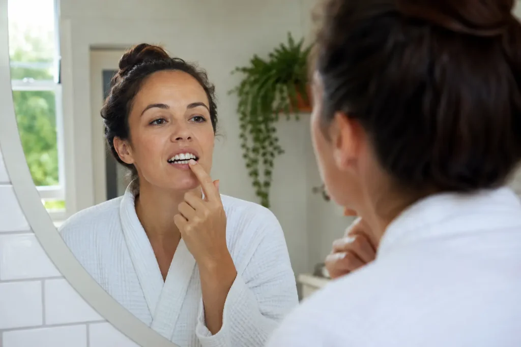 Mujer mirándose en el espejo con caries sin dolor