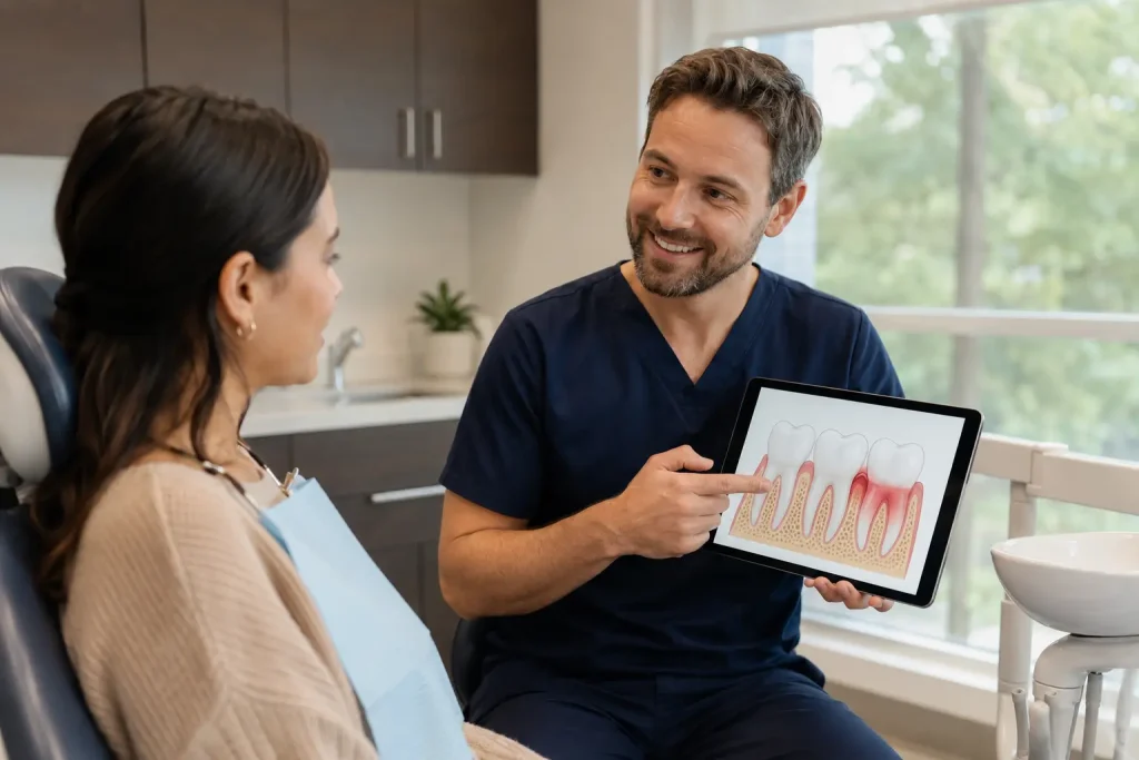 Profesional dentista enseñado a clienta la gingivitis o periodontitis